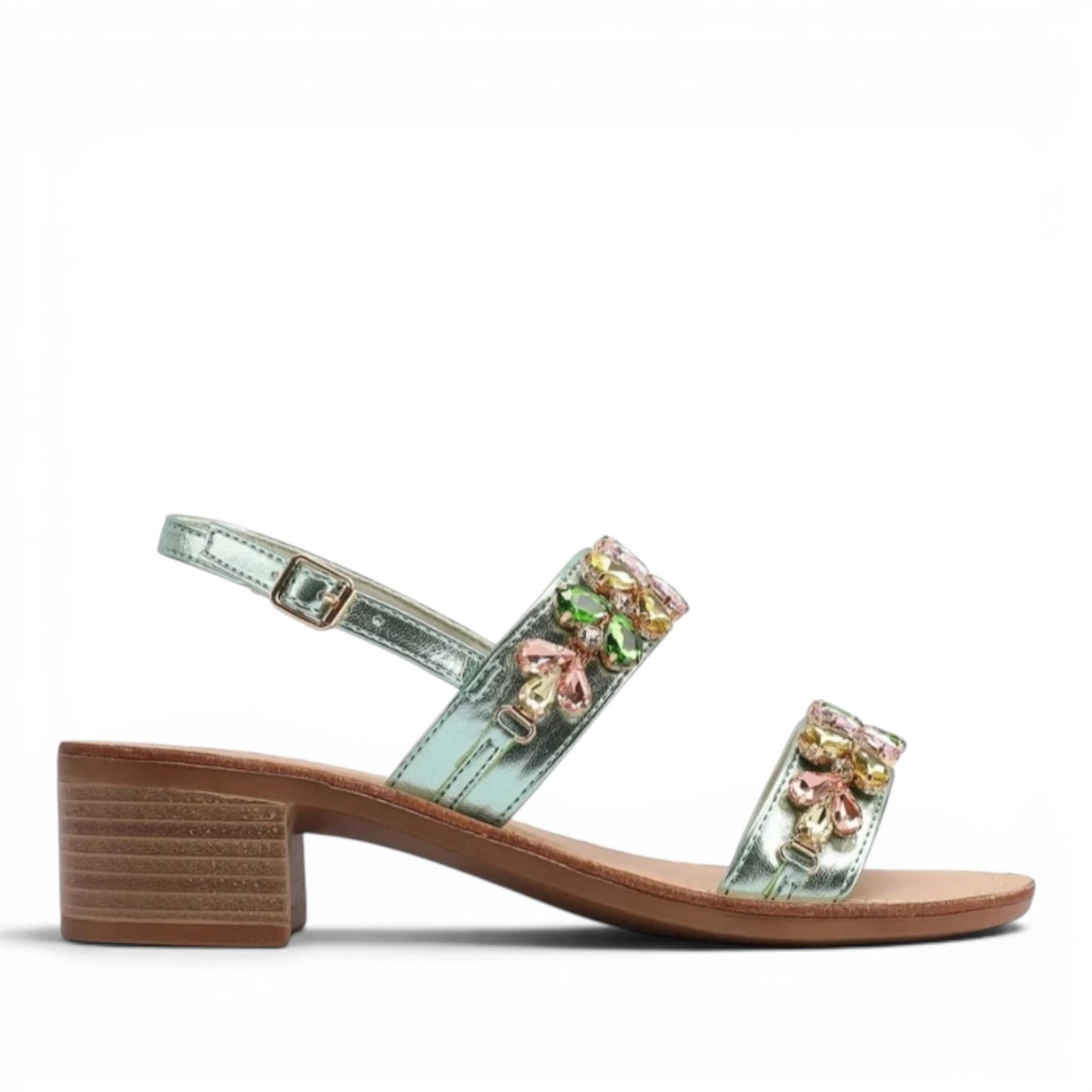 Sandalo Gioiello Donna Tacchetto con fasce Laminato Verdino e Plantare Soft in pelle