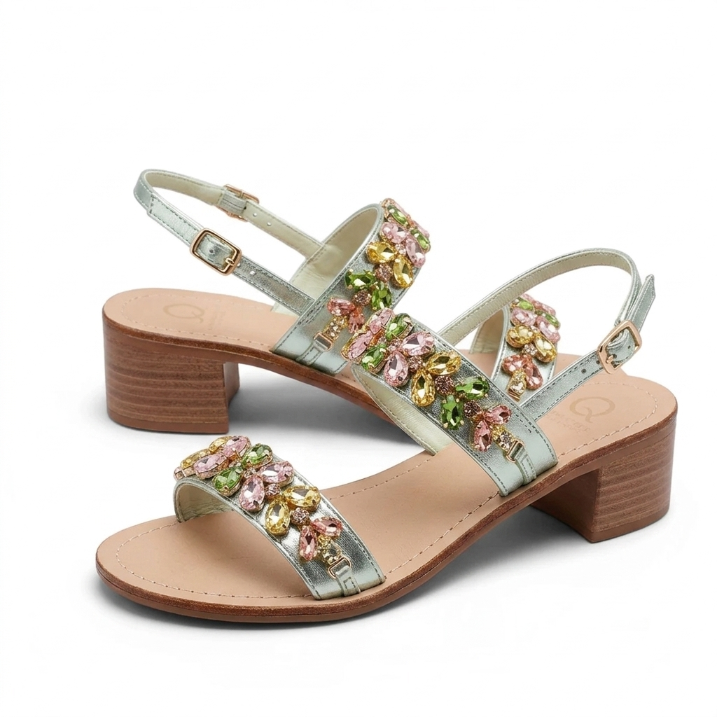 Sandalo Gioiello Donna Tacchetto con fasce Laminato Verdino e Plantare Soft in pelle