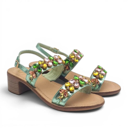 Sandalo Gioiello Donna Tacchetto con fasce Laminato Verdino e Plantare Soft in pelle