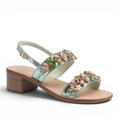 Sandalo Gioiello Donna Tacchetto con fasce Laminato Verdino e Plantare Soft in pelle