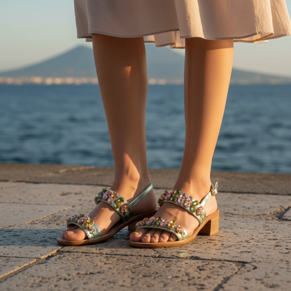 Sandalo Gioiello Donna Tacchetto con fasce Laminato Verdino e Plantare Soft in pelle