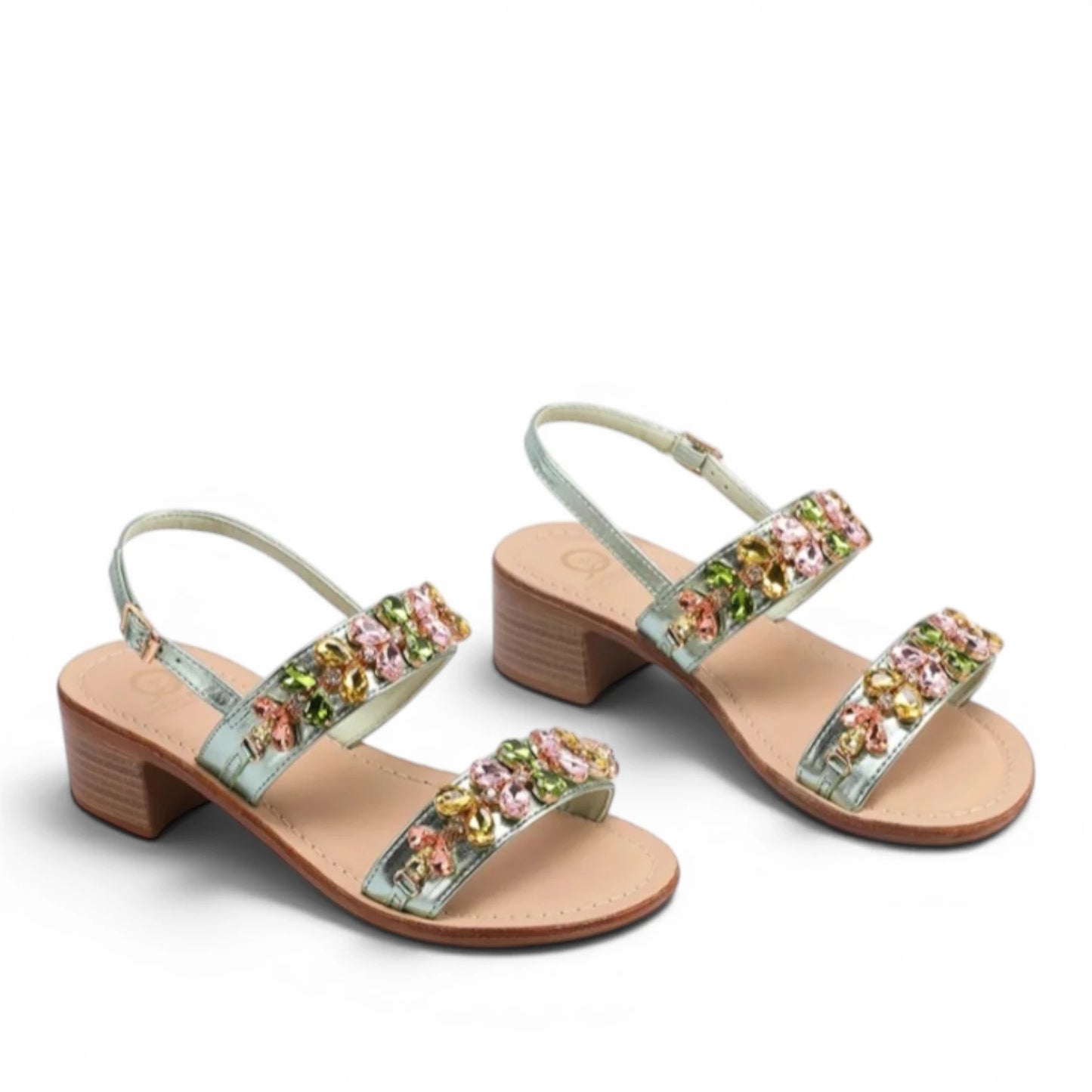 Sandalo Gioiello Donna Tacchetto con fasce Laminato Verdino e Plantare Soft in pelle