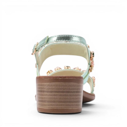 Sandalo Gioiello Donna Tacchetto con fasce Laminato Verdino e Plantare Soft in pelle