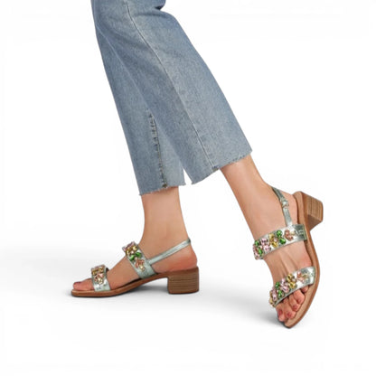 Sandalo Gioiello Donna Tacchetto con fasce Laminato Verdino e Plantare Soft in pelle