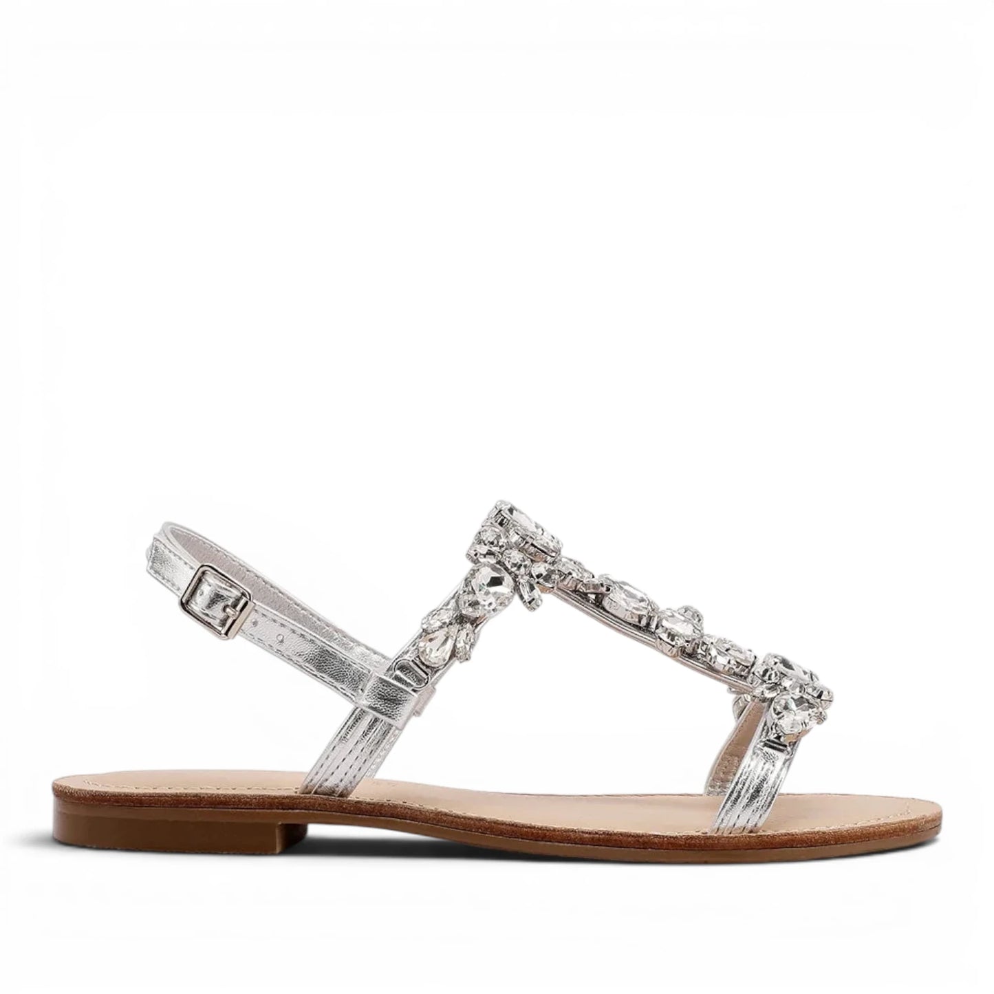 Sandalo Gioiello Donna Flat con fascette Laminato Argento e Plantare Soft in pelle