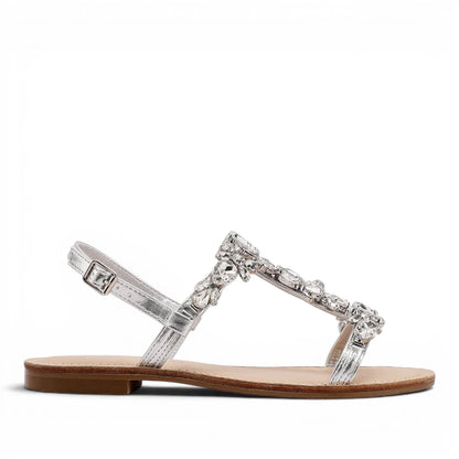 Sandalo Gioiello Donna Flat con fascette Laminato Argento e Plantare Soft in pelle