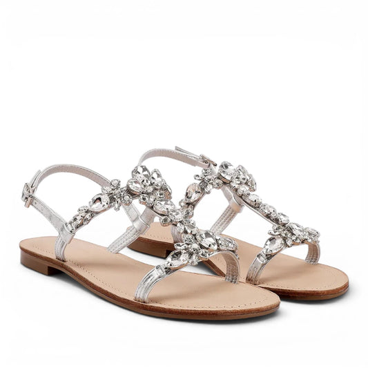 Sandalo Gioiello Donna Flat con fascette Laminato Argento e Plantare Soft in pelle