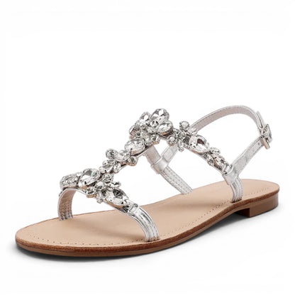 Sandalo Gioiello Donna Flat con fascette Laminato Argento e Plantare Soft in pelle