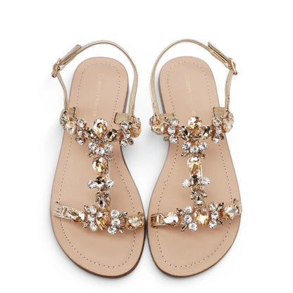 Sandalo Gioiello Donna Flat con fascette Laminato Oro e Plantare Soft in pelle