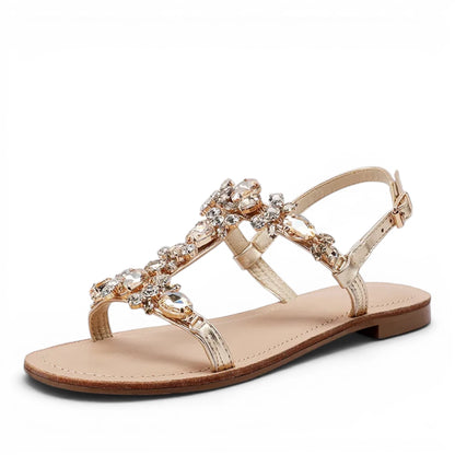 Sandalo Gioiello Donna Flat con fascette Laminato Oro e Plantare Soft in pelle