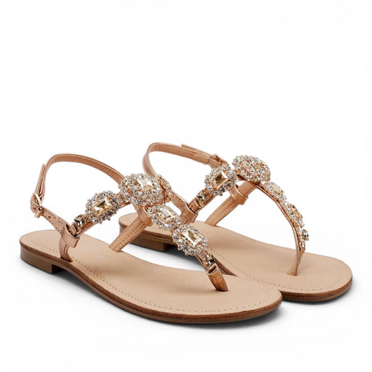 Sandalo Gioiello Donna Flat infradito Laminato Champagne e Plantare Soft in pelle