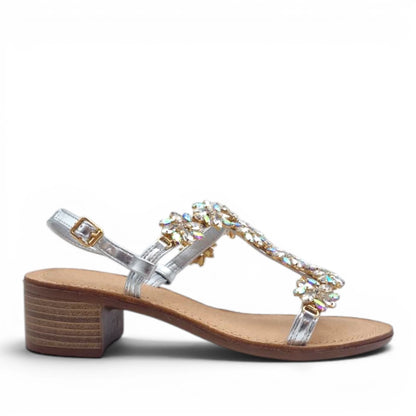 Sandalo Gioiello Donna Tacchetto con fascette Laminato Argento e Plantare Soft in pelle