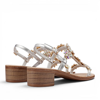 Sandalo Gioiello Donna Tacchetto con fascette Laminato Argento e Plantare Soft in pelle
