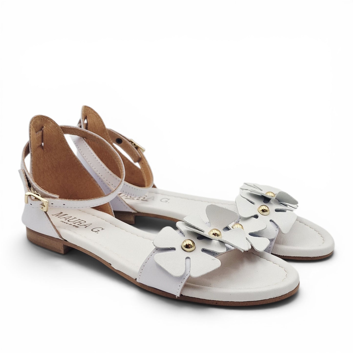 Sandalo Donna Scarpine Italiane Fascia Fiori in Pelle Bianco con Sottopiede Imbottito