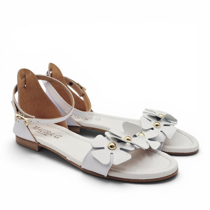 Sandalo Donna Scarpine Italiane Fascia Fiori in Pelle Bianco con Sottopiede Imbottito