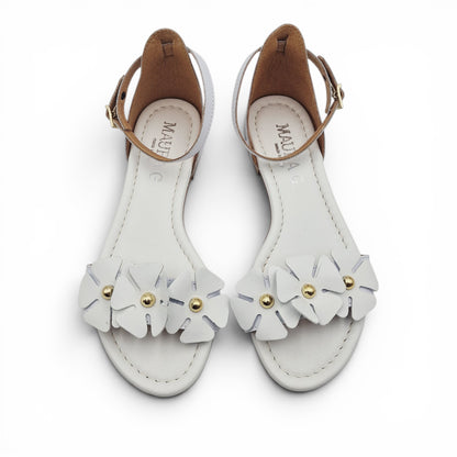 Sandalo Donna Scarpine Italiane Fascia Fiori in Pelle Bianco con Sottopiede Imbottito