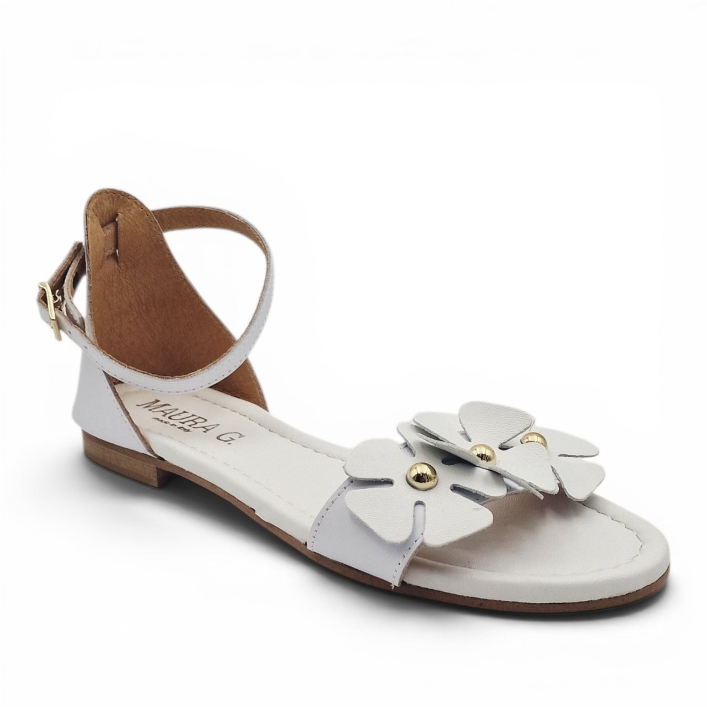 Sandalo Donna Scarpine Italiane Fascia Fiori in Pelle Bianco con Sottopiede Imbottito