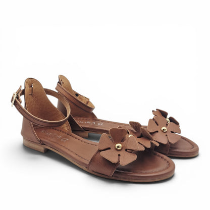 Sandalo Donna Scarpine Italiane Fascia Fiori in Pelle Cuoio con Sottopiede Imbottito