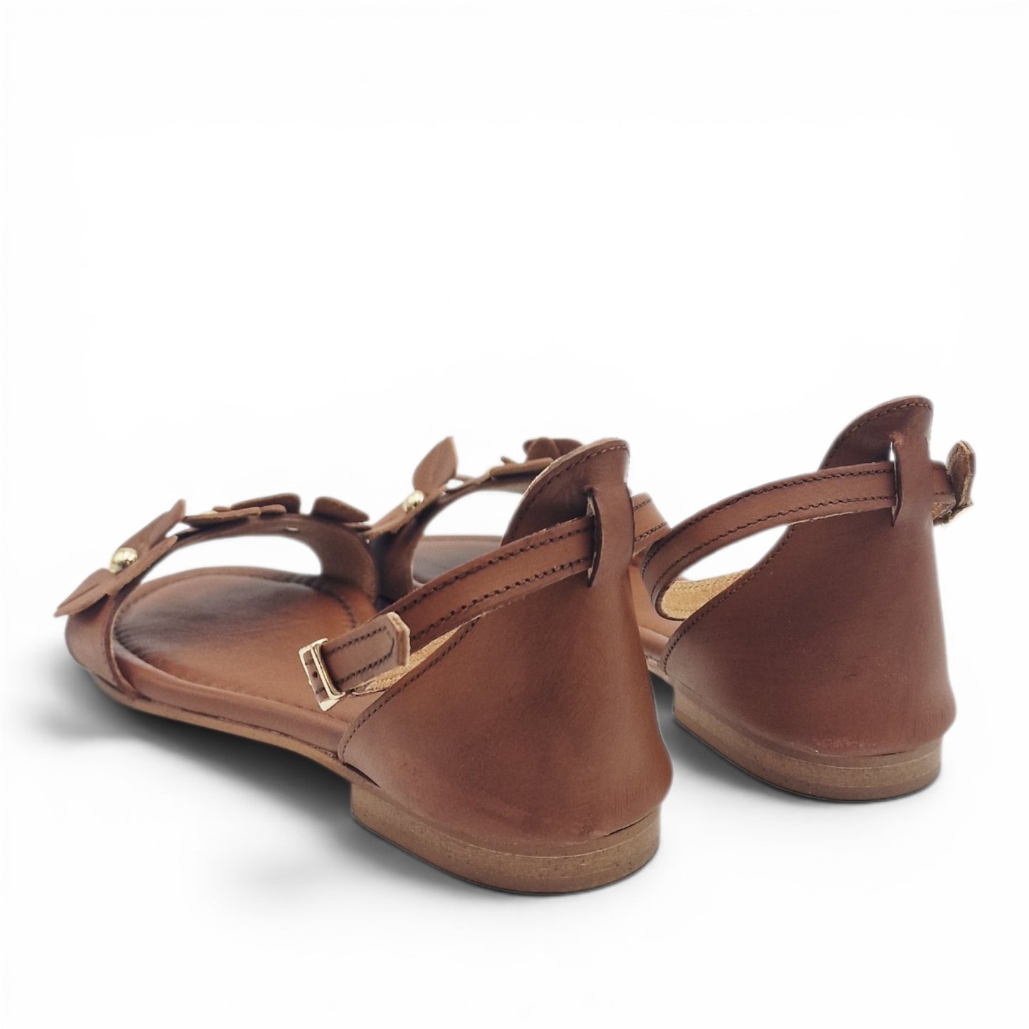 Sandalo Donna Scarpine Italiane Fascia Fiori in Pelle Cuoio con Sottopiede Imbottito