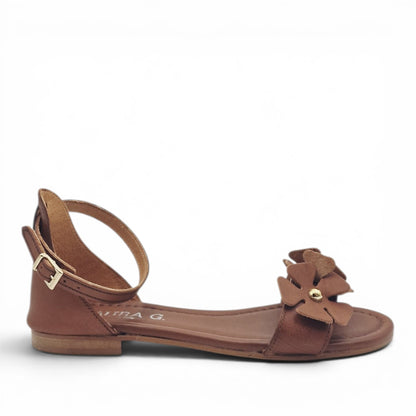 Sandalo Donna Scarpine Italiane Fascia Fiori in Pelle Cuoio con Sottopiede Imbottito