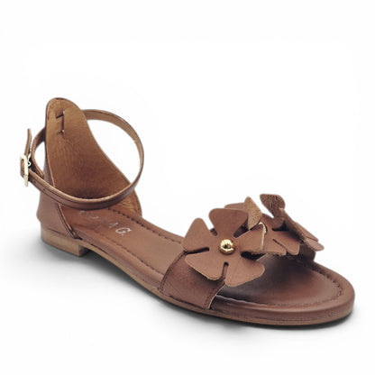 Sandalo Donna Scarpine Italiane Fascia Fiori in Pelle Cuoio con Sottopiede Imbottito