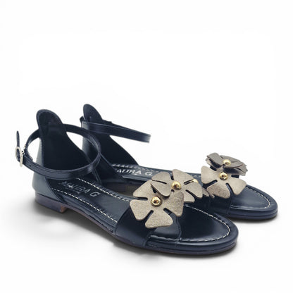 Sandalo Donna Scarpine Italiane Fascia Fiori in Pelle Nero con Sottopiede Imbottito