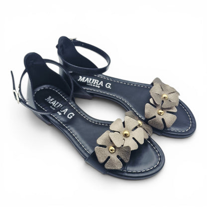 Sandalo Donna Scarpine Italiane Fascia Fiori in Pelle Nero con Sottopiede Imbottito