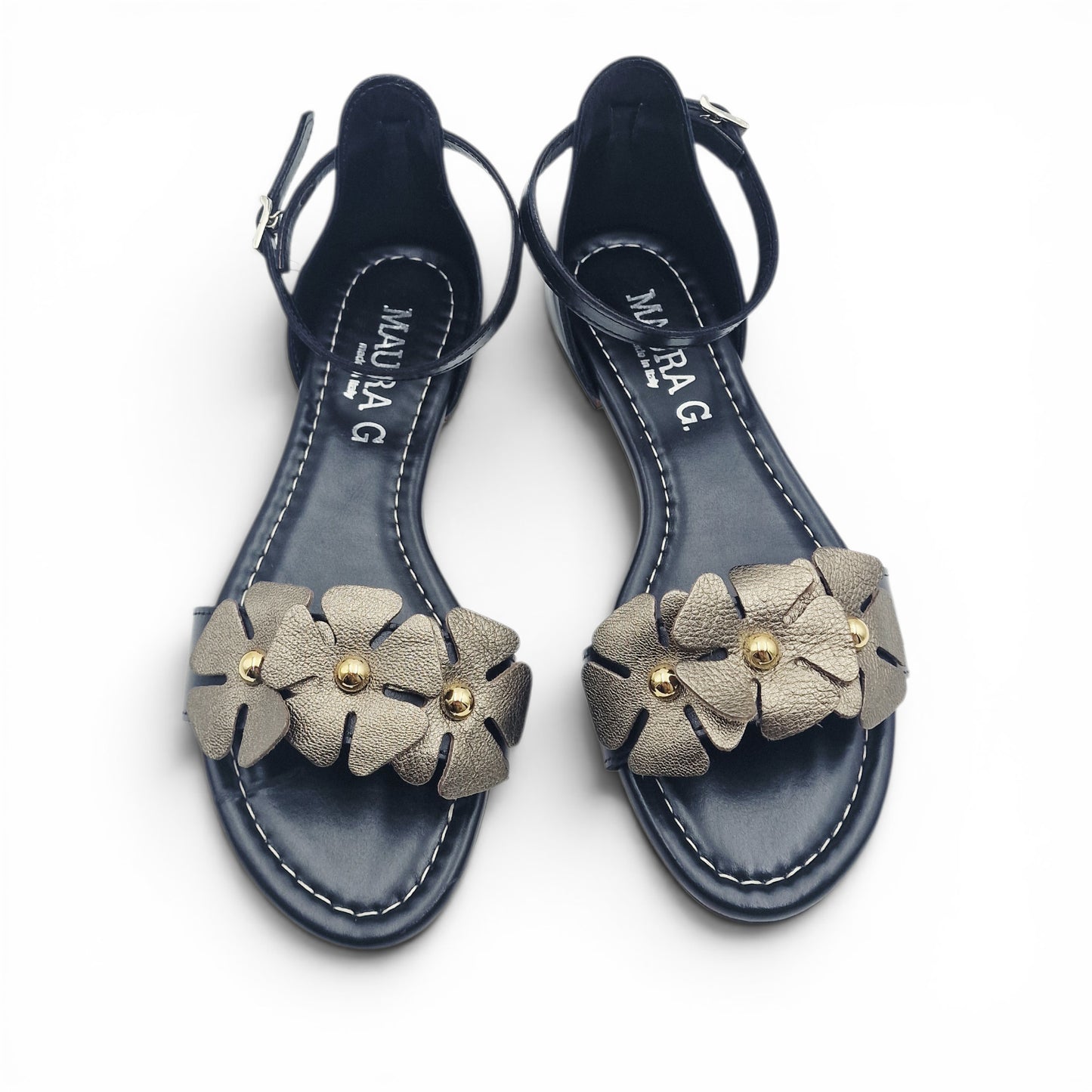 Sandalo Donna Scarpine Italiane Fascia Fiori in Pelle Nero con Sottopiede Imbottito