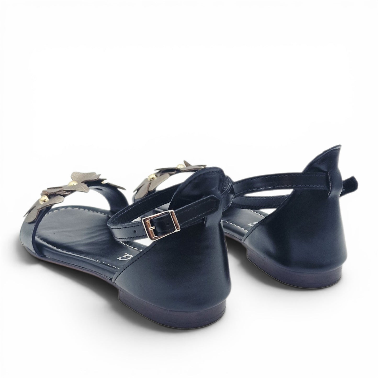 Sandalo Donna Scarpine Italiane Fascia Fiori in Pelle Nero con Sottopiede Imbottito