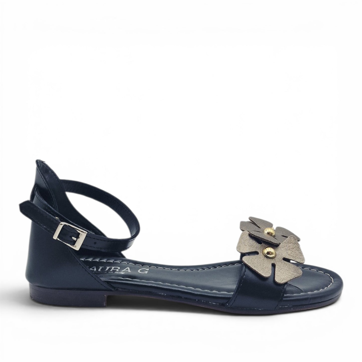 Sandalo Donna Scarpine Italiane Fascia Fiori in Pelle Nero con Sottopiede Imbottito