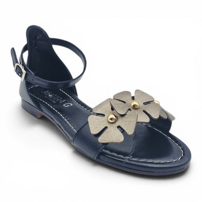 Sandalo Donna Scarpine Italiane Fascia Fiori in Pelle Nero con Sottopiede Imbottito