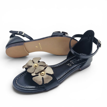Sandalo Donna Scarpine Italiane Fascia Fiori in Pelle Nero con Sottopiede Imbottito