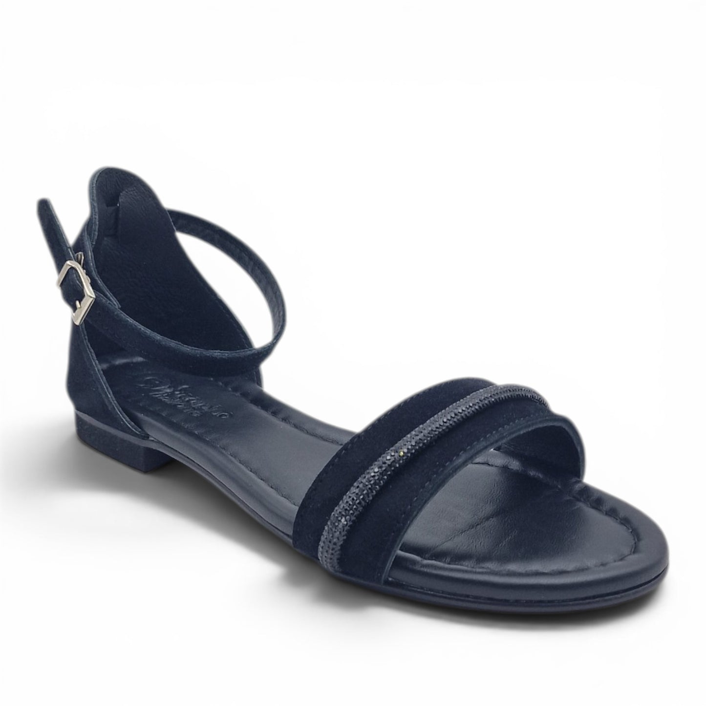 Sandalo Donna Scarpine Italiane Fascia Strass in Pelle Scamosciata Nero con Sottopiede Imbottito