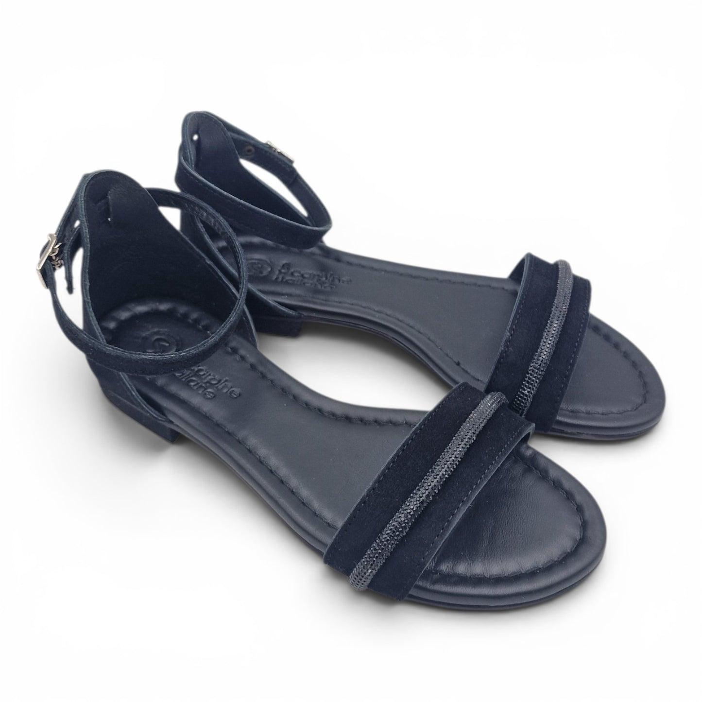 Sandalo Donna Scarpine Italiane Fascia Strass in Pelle Scamosciata Nero con Sottopiede Imbottito