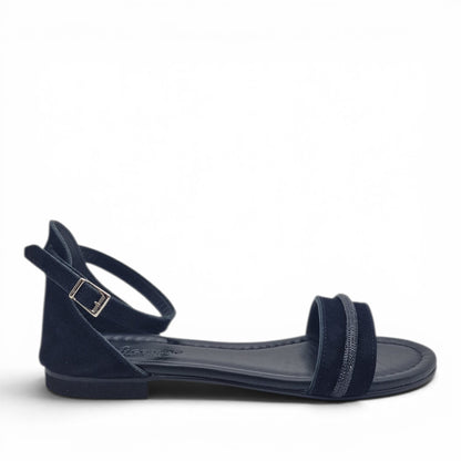 Sandalo Donna Scarpine Italiane Fascia Strass in Pelle Scamosciata Nero con Sottopiede Imbottito