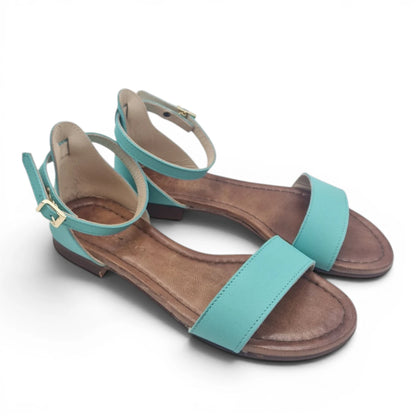 Sandalo Donna Scarpine Italiane Fascia in Pelle Acqua Marina con Sottopiede Imbottito