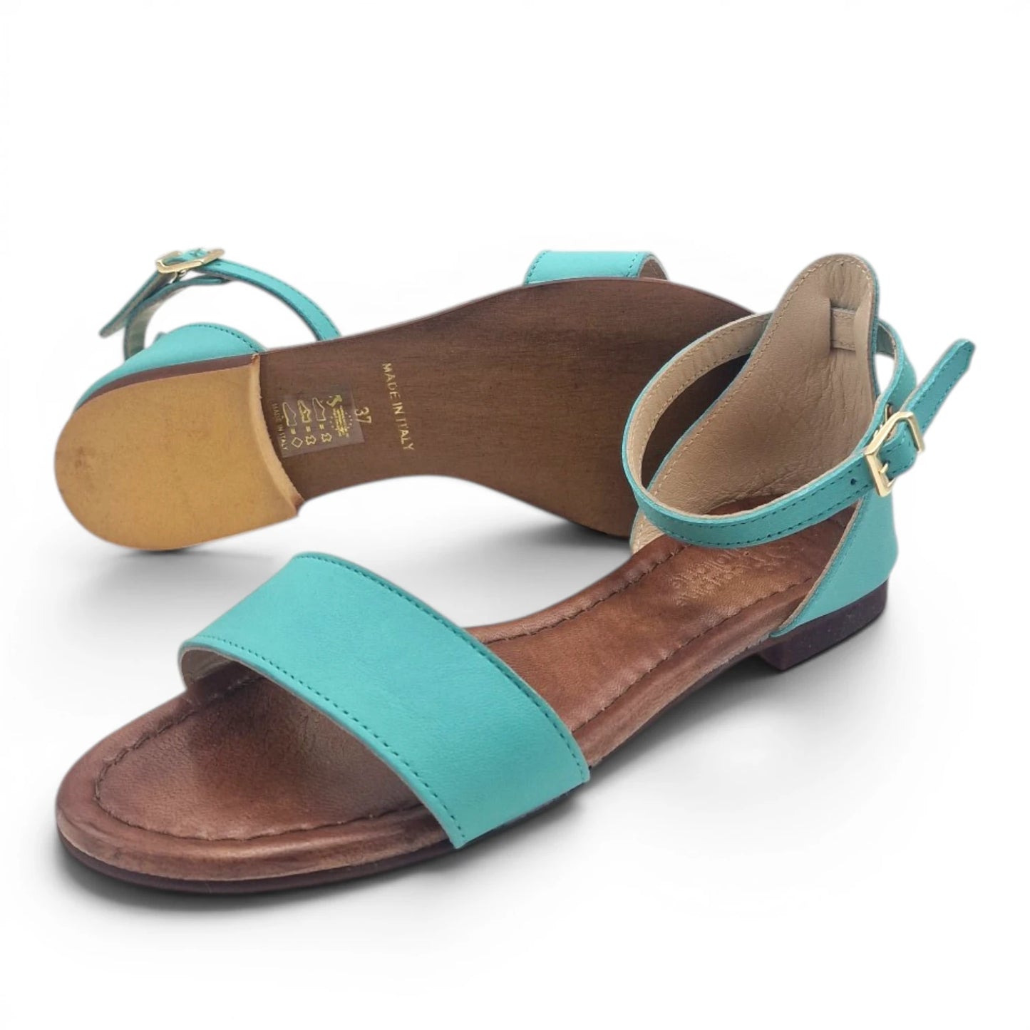 Sandalo Donna Scarpine Italiane Fascia in Pelle Acqua Marina con Sottopiede Imbottito