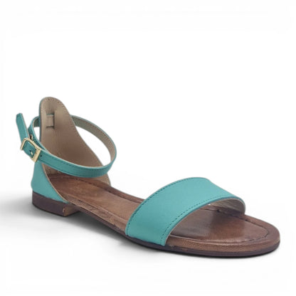 Sandalo Donna Scarpine Italiane Fascia in Pelle Acqua Marina con Sottopiede Imbottito