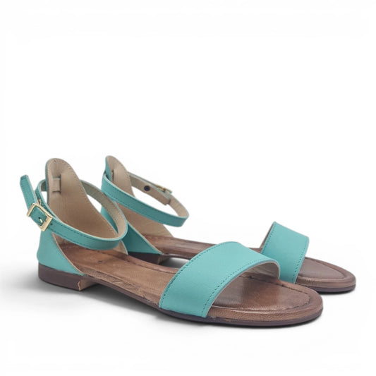 Sandalo Donna Scarpine Italiane Fascia in Pelle Acqua Marina con Sottopiede Imbottito