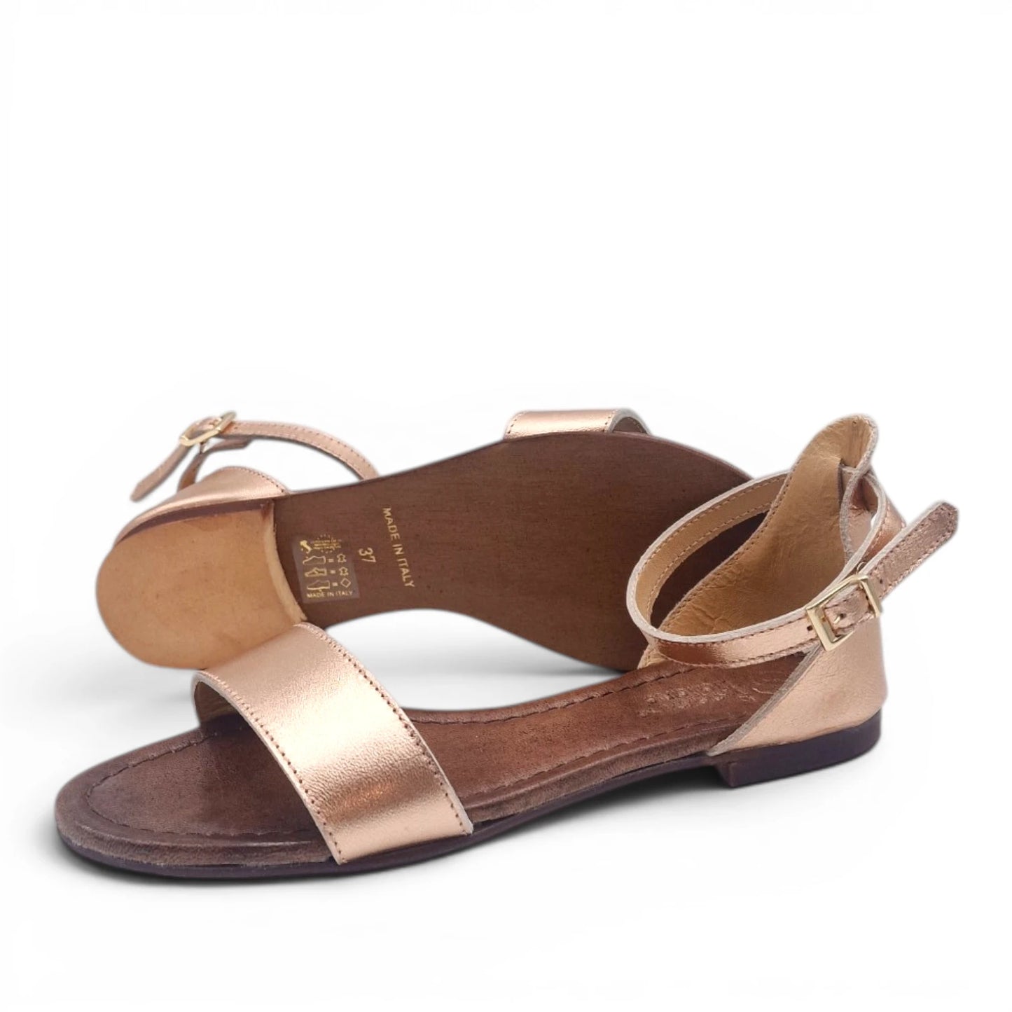 Sandalo Donna Scarpine Italiane Fascia in Pelle Laminata Rame con Sottopiede Imbottito