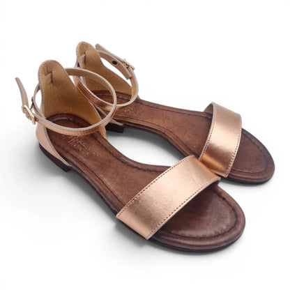 Sandalo Donna Scarpine Italiane Fascia in Pelle Laminata Rame con Sottopiede Imbottito