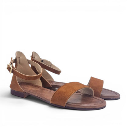 Sandalo Donna Scarpine Italiane Fascia in Pelle Scamosciata Cuoio con Sottopiede Imbottito