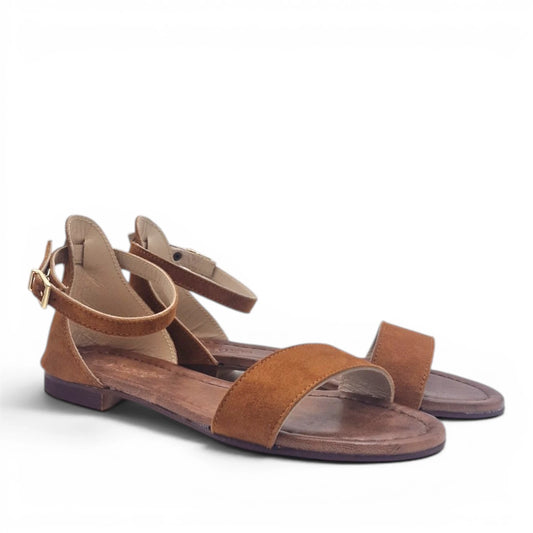 Sandalo Donna Scarpine Italiane Fascia in Pelle Scamosciata Cuoio con Sottopiede Imbottito