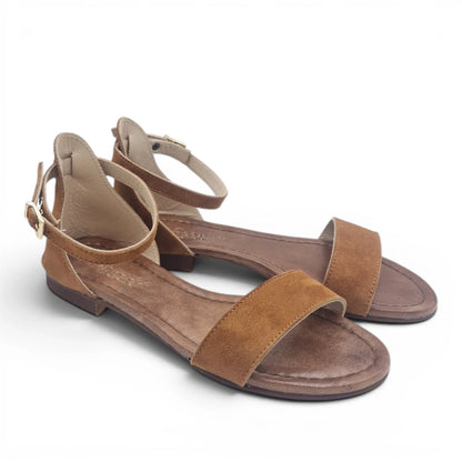 Sandalo Donna Scarpine Italiane Fascia in Pelle Scamosciata Cuoio con Sottopiede Imbottito