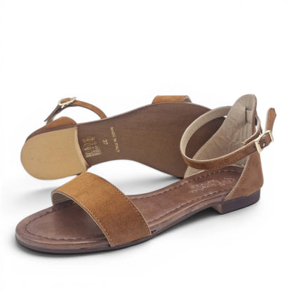 Sandalo Donna Scarpine Italiane Fascia in Pelle Scamosciata Cuoio con Sottopiede Imbottito