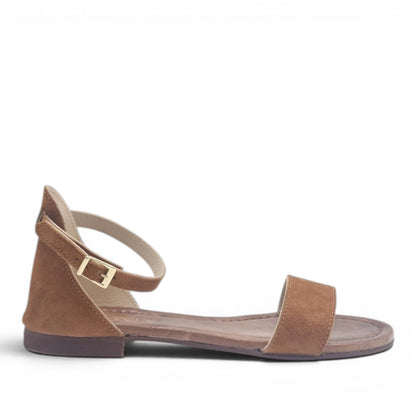 Sandalo Donna Scarpine Italiane Fascia in Pelle Scamosciata Cuoio con Sottopiede Imbottito