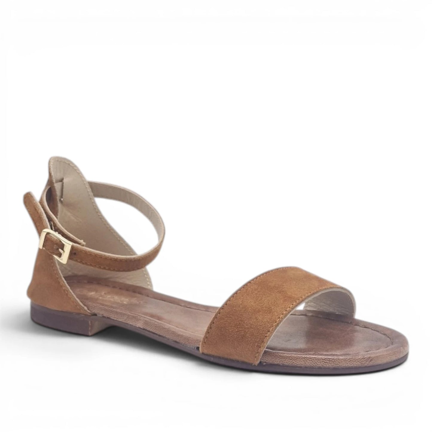 Sandalo Donna Scarpine Italiane Fascia in Pelle Scamosciata Cuoio con Sottopiede Imbottito