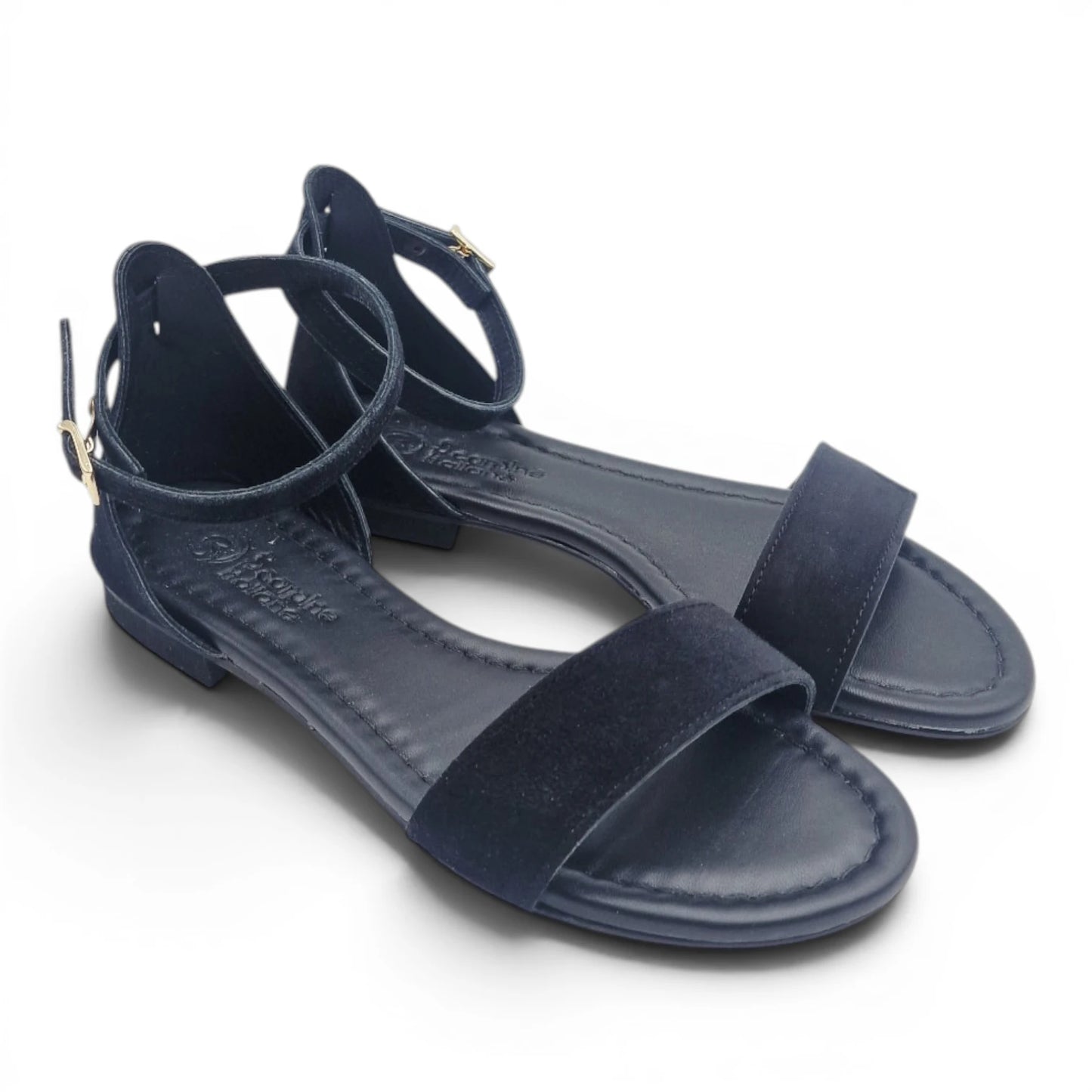 Sandalo Donna Scarpine Italiane Fascia in Pelle Scamosciata Nero con Sottopiede Imbottito
