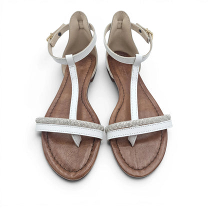Sandalo Donna Scarpine Italiane infradito in Pelle Bianco e Strass con Sottopiede Imbottito