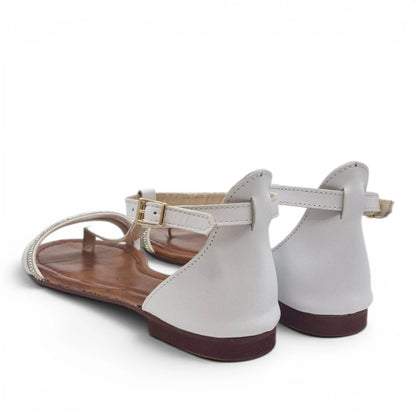 Sandalo Donna Scarpine Italiane infradito in Pelle Bianco e Strass con Sottopiede Imbottito